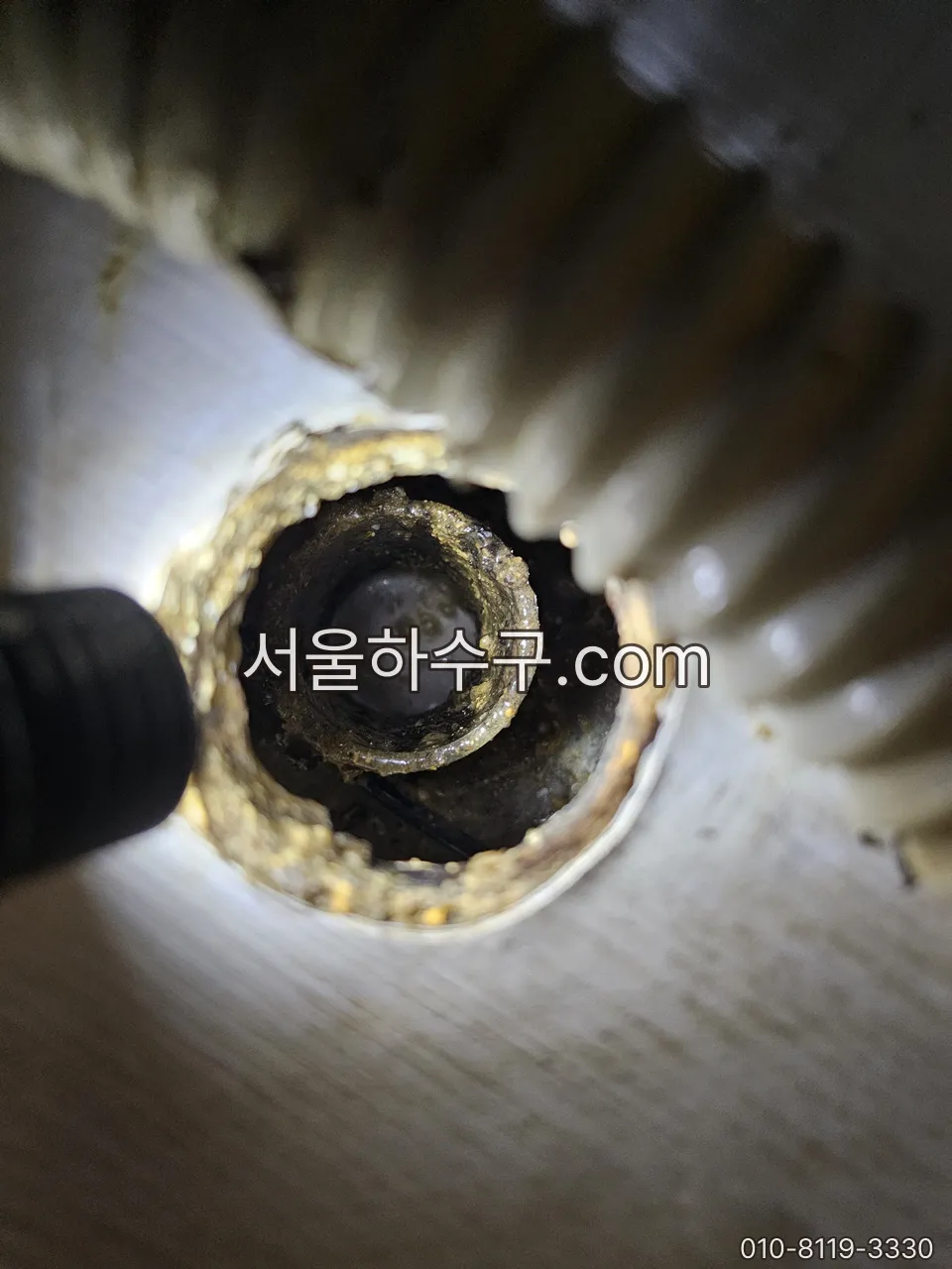 관 단면에 굳어 붙은 스케일을 확인하는 장면
